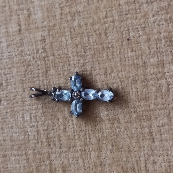 925 Silver Blue Rhinestone Cross Pendant - Picture 1 of 7
